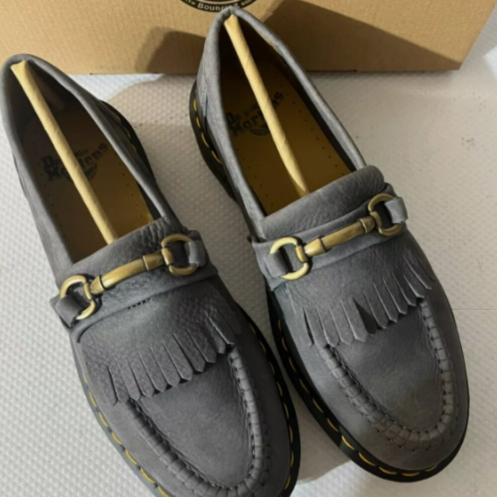 Dr. Martens Gray Suede Kiltie Loafers with Brass Hardware - Picture 2 of 10